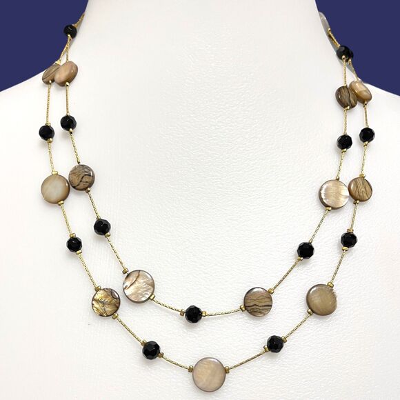 Park Lane Station Necklace Layered Shell Disc Glass Bead Tiered Gold Tone Beige - Picture 1 of 8